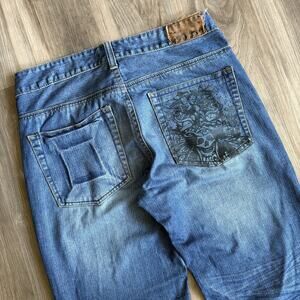 Vintage Y2K Skull Jeans Wide Leg Size 34x34 Whiskered Medium Wash